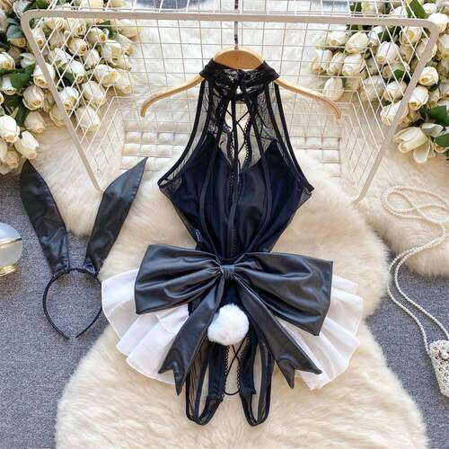 Sweet Lace Women PU Bunny Bodysuits Sexy One Piece Combinati
