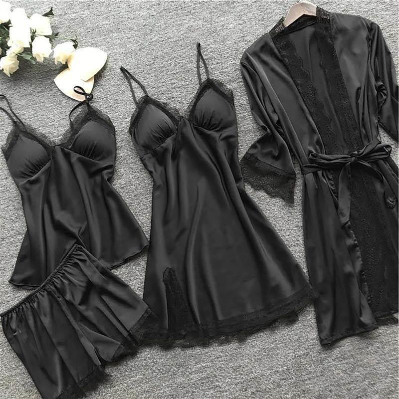 4 Pieces Pajamas Sets Satin Sleepwear Women Silk Nightwear P