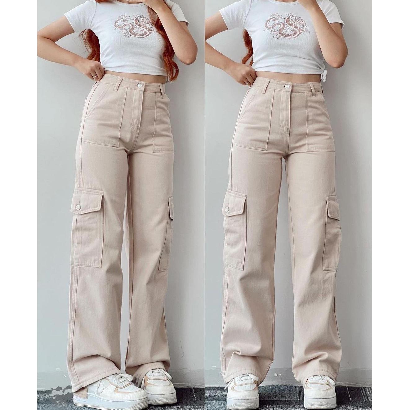 Straight Leg Cargo Pants Women HighWaist Baggy Trousers Lady