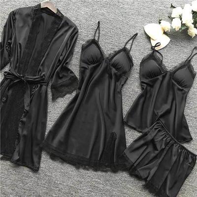 4 Pieces Pajamas Sets Satin Sleepwear Women Silk Nightwear P