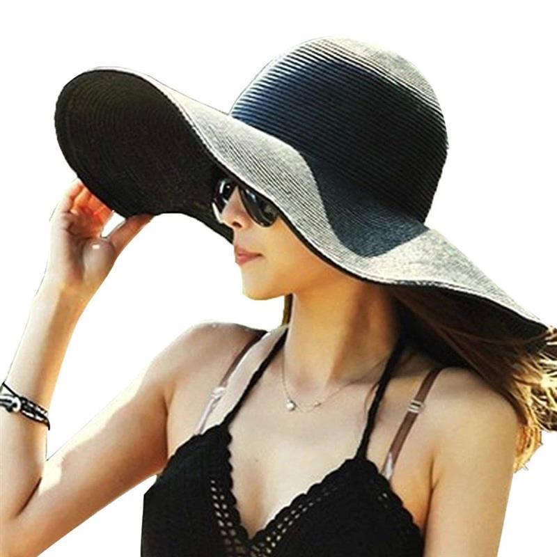 Ladies Fashion Hawaii Summer Beach Floppy Black Straw Hat