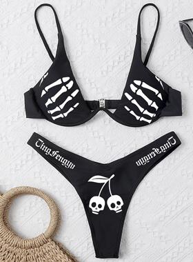 Women Funny Letters Print 2Pcs Bikini Suits Deep V-neck Deta