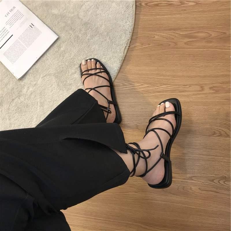 Summer Slippers Women Sandals Narrow Vintage Square Toe Flat