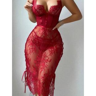 Sexy lingerie lace hollow red sexy lingerie dress nightgown