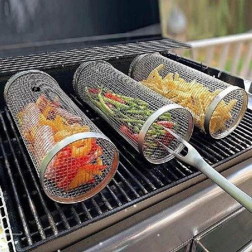 Outdoor Stainless Steel BBQ Basket Wire Mesh Cylinder Grill