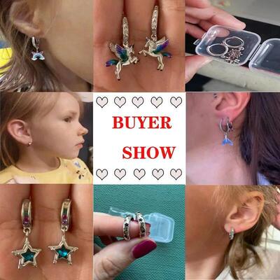 Hoop Earrings 925 Sterling Silver Starry Moon Feather Blue S