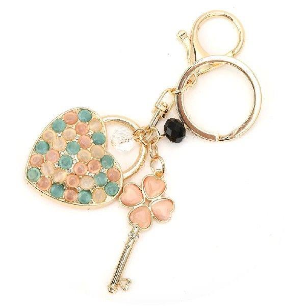Rhinestone Keyring Pendant Heart Four Leaf Clover Key