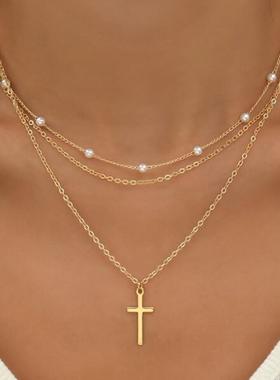 Cross pendant necklace人造珍珠锁骨炼十字吊坠覆古多层叠戴项炼