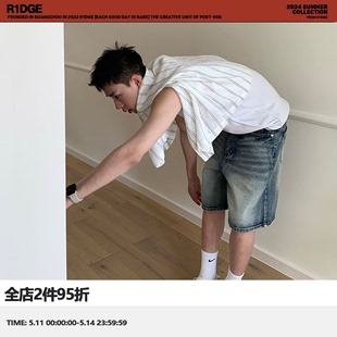 男复古休闲直筒宽松阔腿五分裤 R1DGE 夏季 高级感水洗做旧牛仔短裤