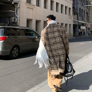 R1DGE复古格子毛呢大衣男高级感休闲韩版宽松针织开衫外套中长款