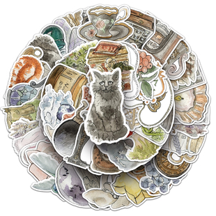 50张水彩画贴纸彩绘水墨话创意卡通艺术风装饰手机壳手账咕卡贴纸