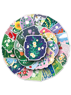 50张油画风花卉涂鸦贴纸原创卡通植物手账咕卡相册笔记本装饰防水