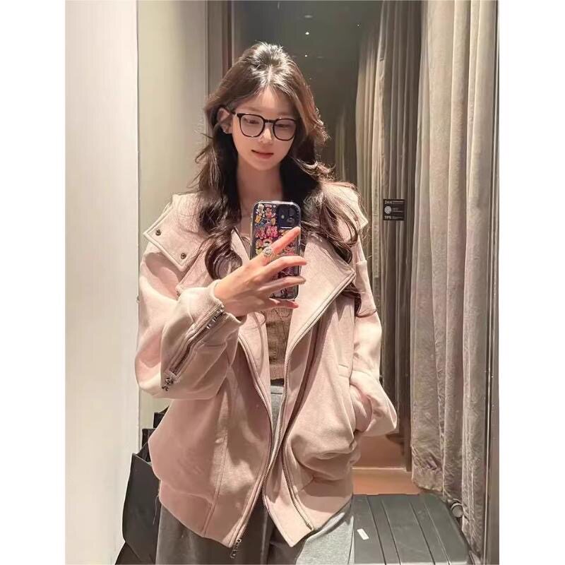 韩系粉色减龄高领连帽卫衣外套女秋冬爆款刺绣设计拉链双拉链外套