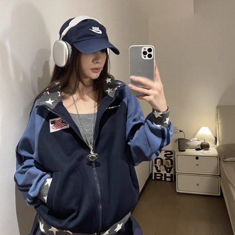 美式高街藏青色星星立领拉链卫衣女春秋设计感短款运动开衫外套潮