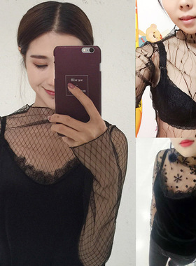 透明打底衫薄纱鱼网衫性感镂空黑纱蕾丝秋长袖内搭女透视网纱上衣