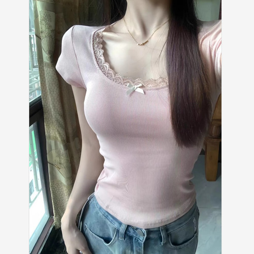 蝴蝶结蕾丝边假俩件短袖t恤女