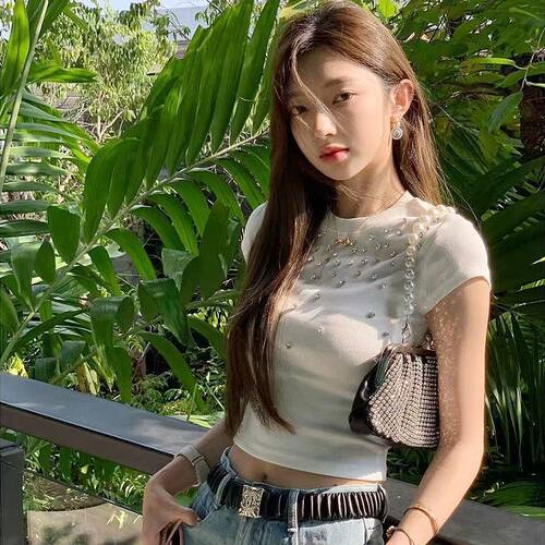 欧货闪闪烫钻螺纹短袖圆领正肩T恤女2026夏季辣妹风短款露脐上衣
