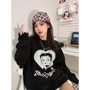 无帽套头薄款加绒卫衣女款2026年春秋新款宽松长袖字母印花上衣女