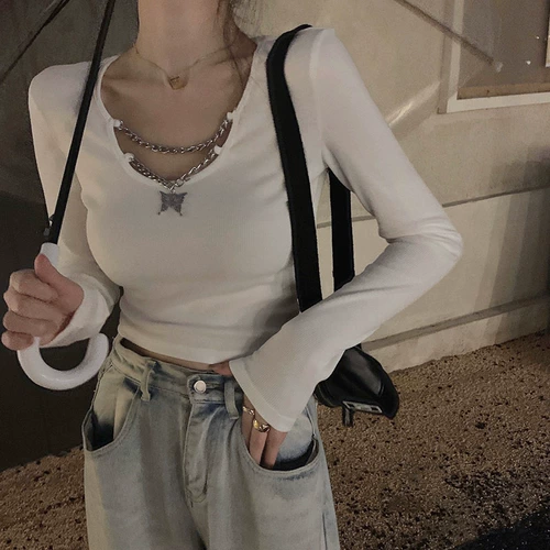 Осенняя короткая футболка для школьников, приталенный базовый лонгслив для отдыха, в корейском стиле, V-образный вырез