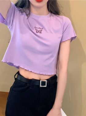 网红t恤女ins超火夏季2026年新款短袖高腰露脐短款露腰浅紫色上衣