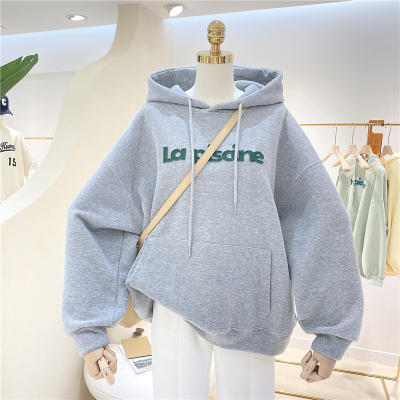 美式复古白灰色连帽卫衣女