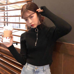 港味复古chic百搭圆环拉链高领韩版秋冬长袖打底衫T恤女学生上衣