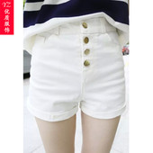 弹力单排扣高腰短裤 女夏装 休闲紧身显瘦白色超短裤 复古大码 热裤 潮