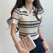 2026年新款 甜美别致上衣 女夏季 复古条纹宽松POLO领短袖 t恤针织衫