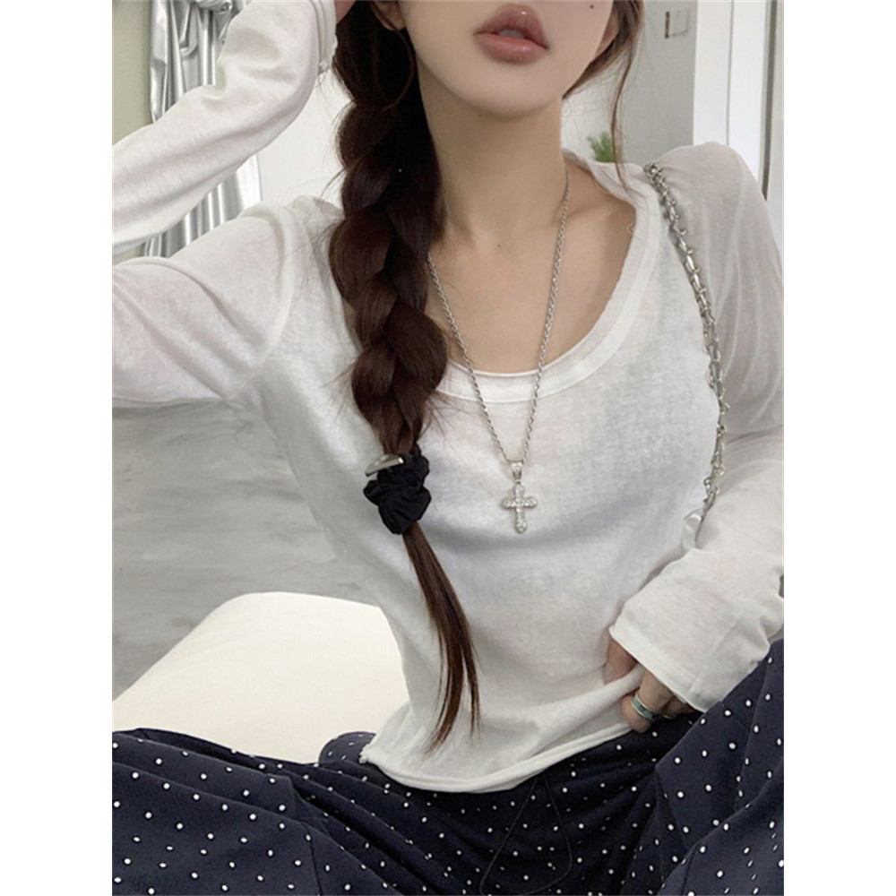 法式正肩白色薄款U领防晒罩衫女夏季修身显瘦长袖T恤卷边短款上衣图片