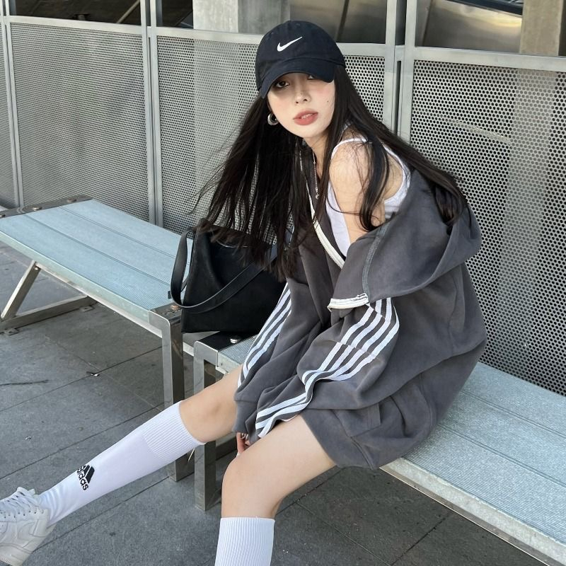 灰色卫衣拉链外套女春秋长款遮屁股大版oversize慵懒风宽松开衫