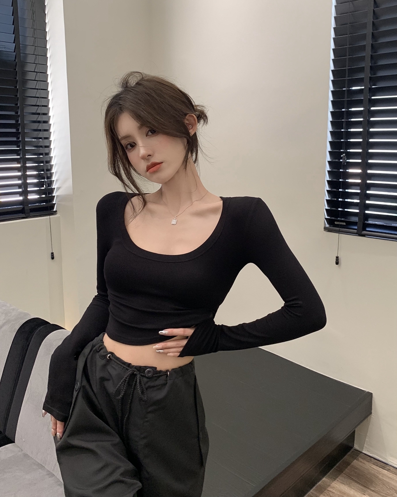 辣妹u领螺纹长袖T恤女