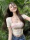 撞色甜酷辣妹方领上衣 短袖 奶油色萌猫印花收腰软糯短款 t恤女修身