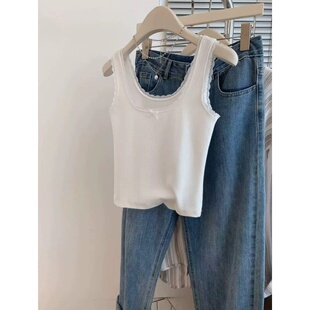 百搭上衣 胖mm外穿内搭打底无袖 蕾丝蝴蝶结吊带背心女春夏新款 大码