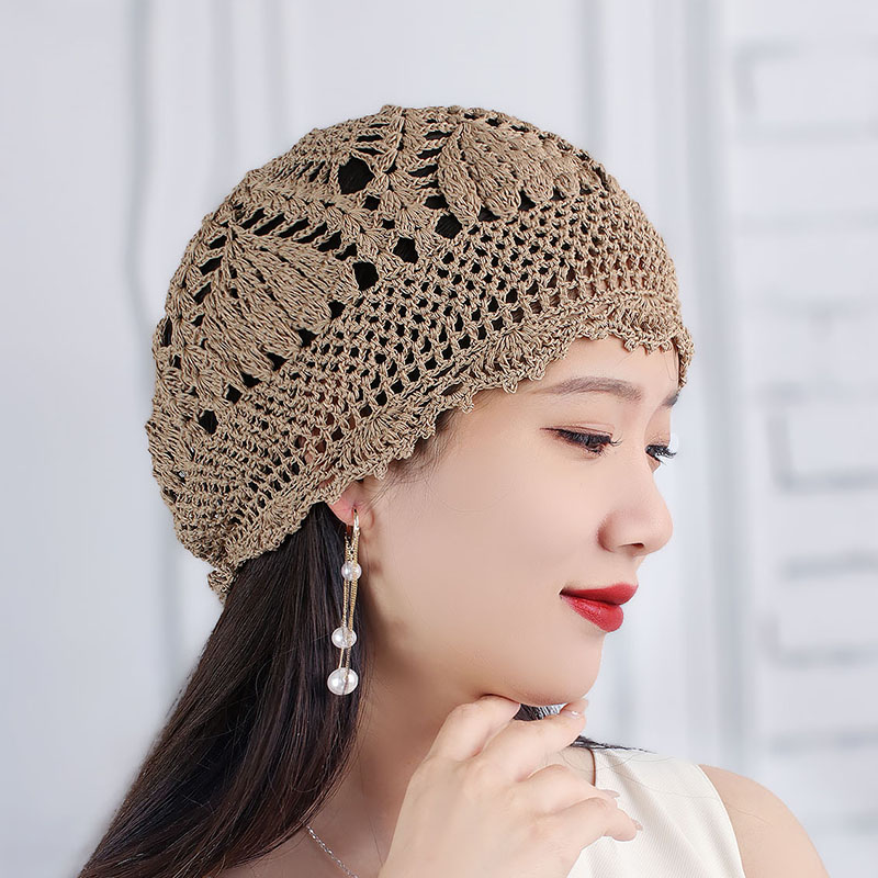 手工编织钩花帽子大码优雅女士亚麻帽洋气百搭镂空花朵冰丝包头帽