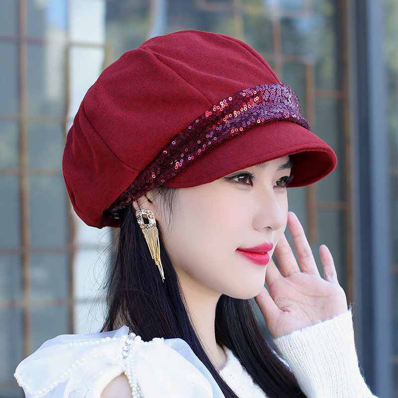 洋气亮片大蓓蕾帽女士时尚八角帽大帽身软檐贝雷帽春秋气质妈妈帽