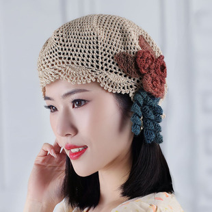 手工帽女士镂空薄款 春夏亚麻洋气套头包头帽空调帽遮白发女贝雷帽