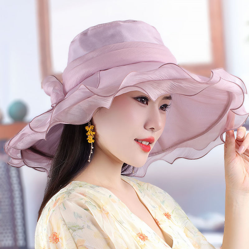 薄紗大沿遮陽帽女春夏氣質(zhì)純色沙灘帽子海邊出游遮臉防曬帽顯臉小
