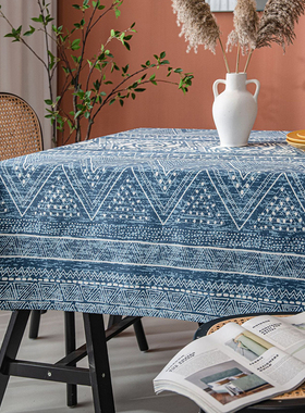 复古蓝色餐桌布东南亚民族风几何长方形布艺桌布圆桌茶几台布盖布