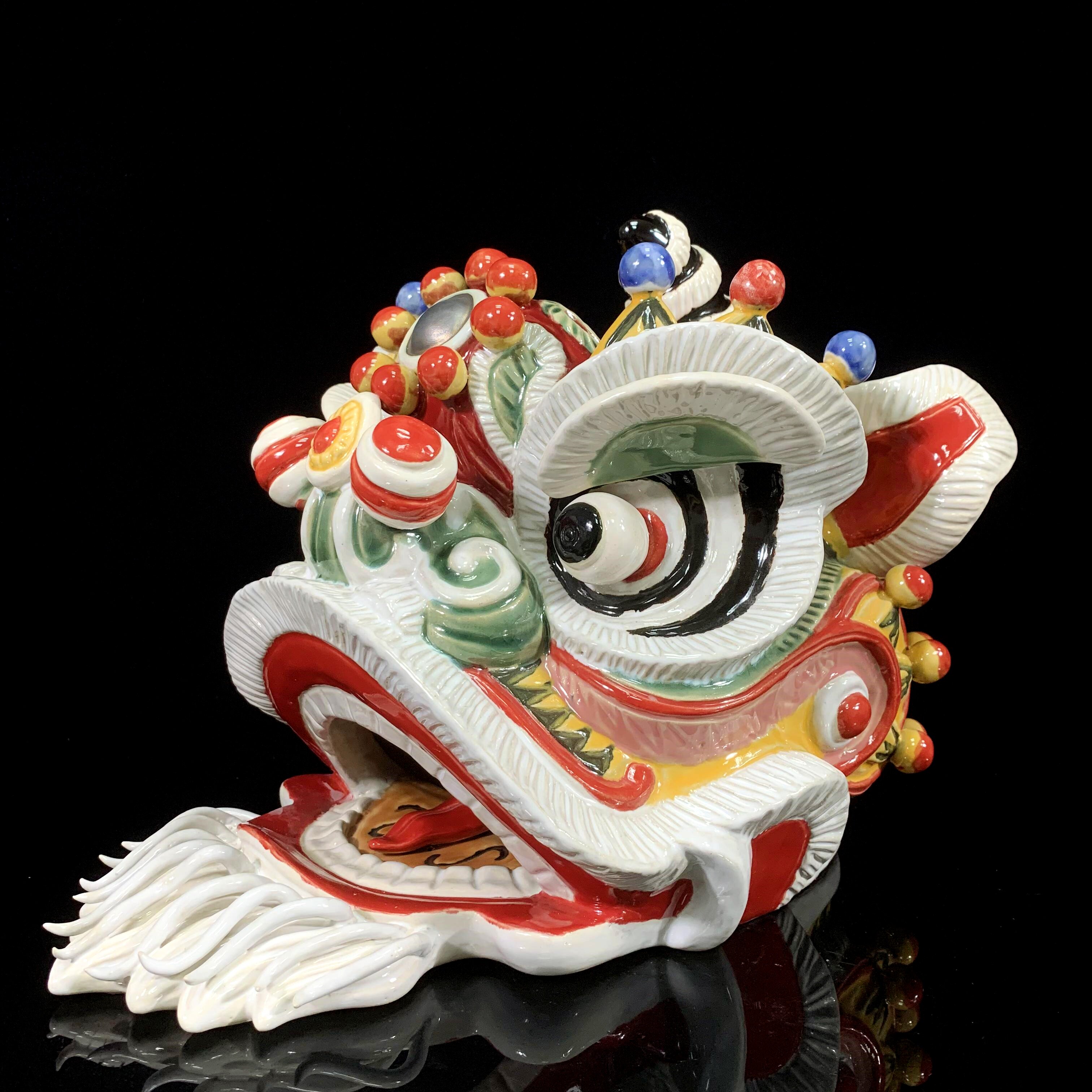 石湾陶瓷醒狮摆件大号狮头装饰品图片