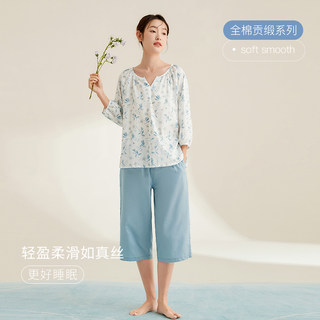 康妮雅睡衣女夏款纯棉短袖气质宽松七分裤夏天家居服可外穿套装