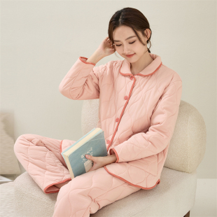 康妮雅睡衣女秋冬长袖 棉服棉睡衣夹棉加厚棉袄纯棉保暖夹层家居服