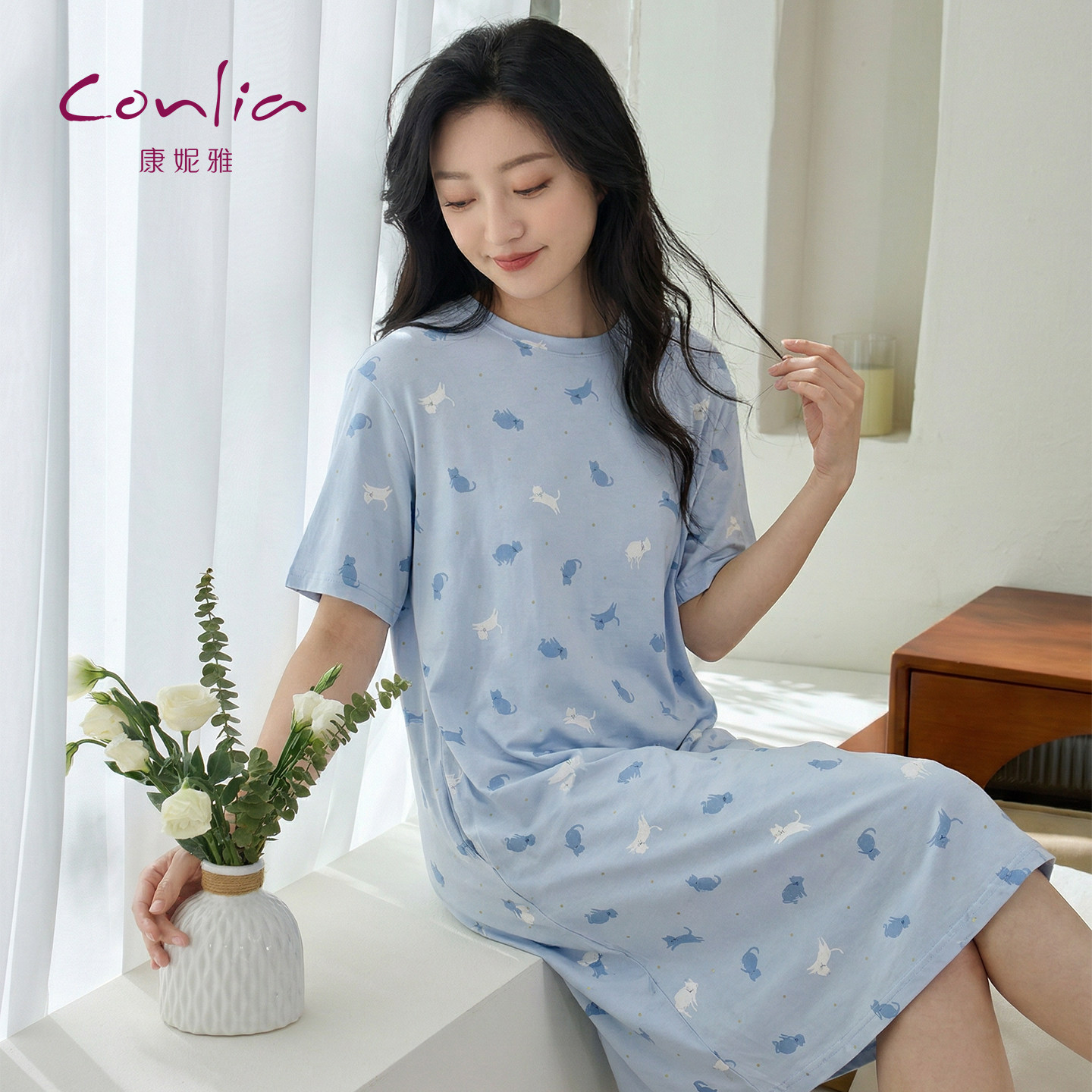 康妮雅新品纯棉圆领睡衣裙女夏季短袖中裙薄款睡裙宽松舒适家居服