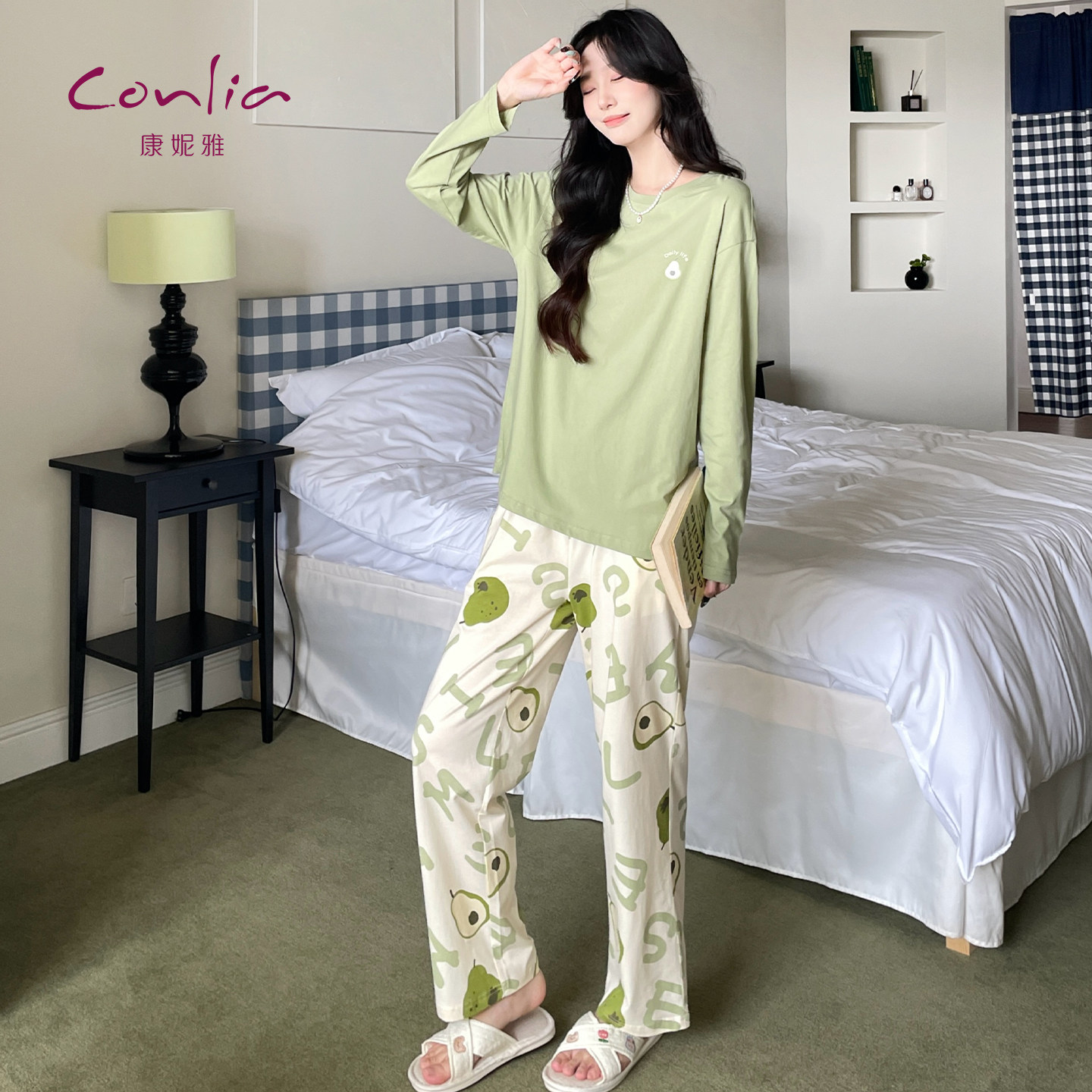 康妮雅新款春季纯棉可外穿睡衣女长袖长裤可外穿家居服圆领套装