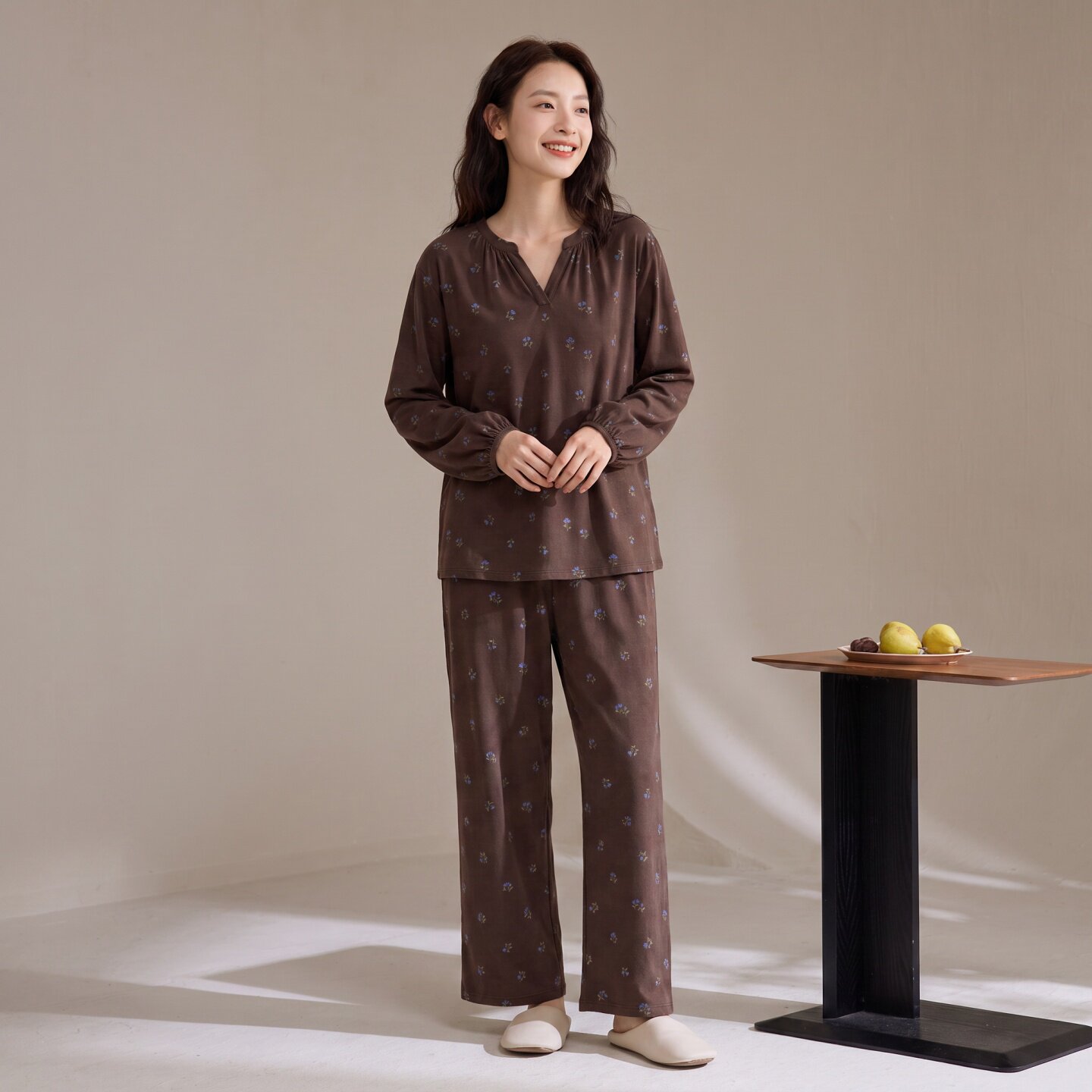 女V领碎花可外穿家居服套装