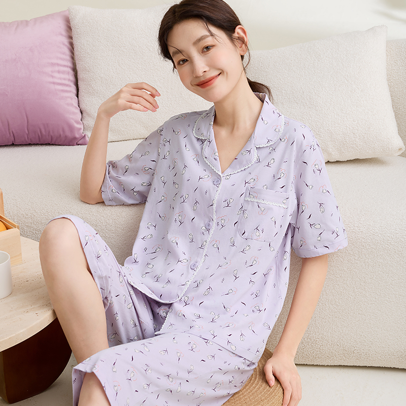 康妮雅睡衣女款2025新款夏季凉感短袖七分裤可外穿大码家居服套装