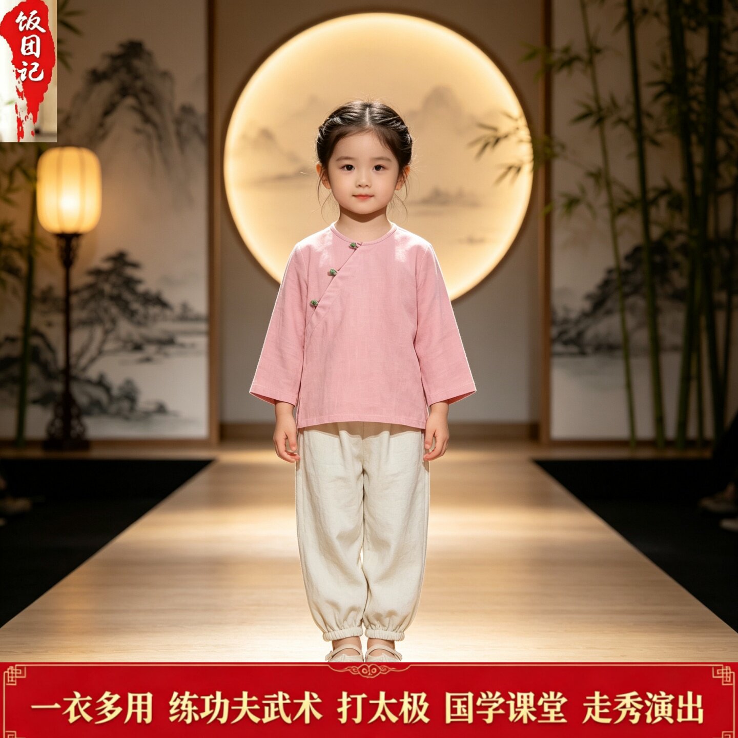 女童新中式禅意斜襟棉麻茶服图片