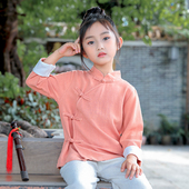 上衣民国风茶服中国风童装 春秋薄款 中式 唐装 棉麻儿童汉服女童长袖