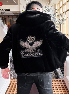 皮尔卡丹新款冬季男士外套欧货金貂绒仿皮草连帽皮毛一体冬装上衣