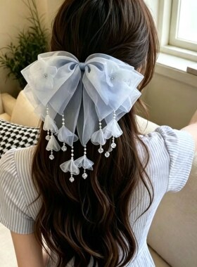 超仙氛围感蓝色花瓣蝴蝶结抓夹法式高级感马尾夹甜美少女感发饰女