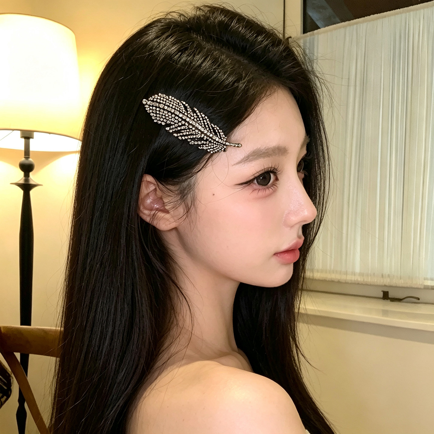 甜美轻奢水钻羽毛发夹女轻奢高级感侧边夹碎发刘海夹发卡发饰夹子